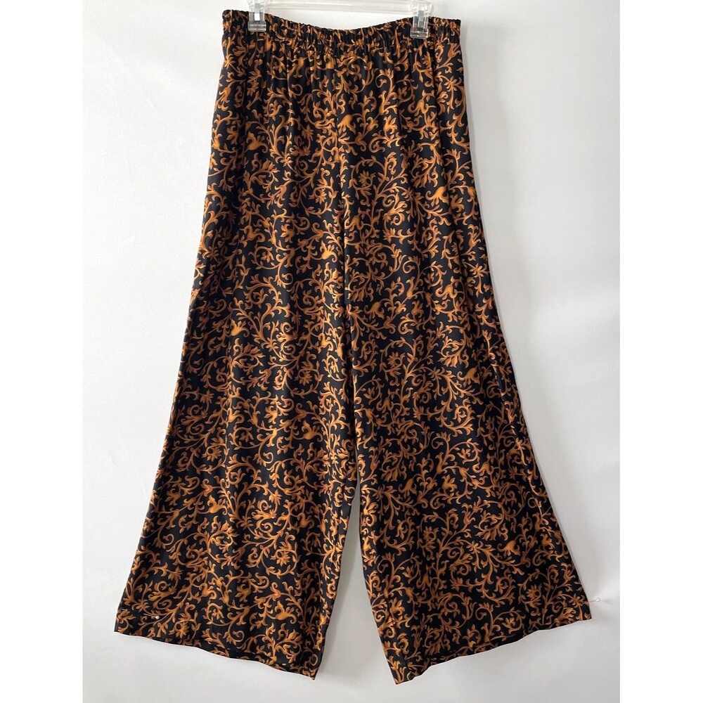 Vintage A.K.F. Wide Leg Palazzo Pants Black Orange Scroll Print Size L